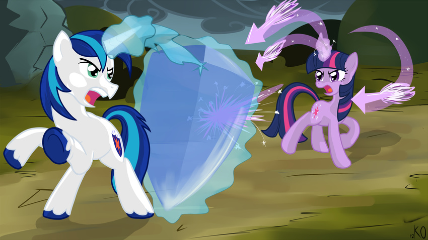 battle cutie_mark duo equine feathered_wings feathers female feral fight friendship_is_magic hair horn kyojiogami magic male mammal my_little_pony purple_eyes shining_armor_(mlp) twilight_sparkle_(mlp) unicorn wings
