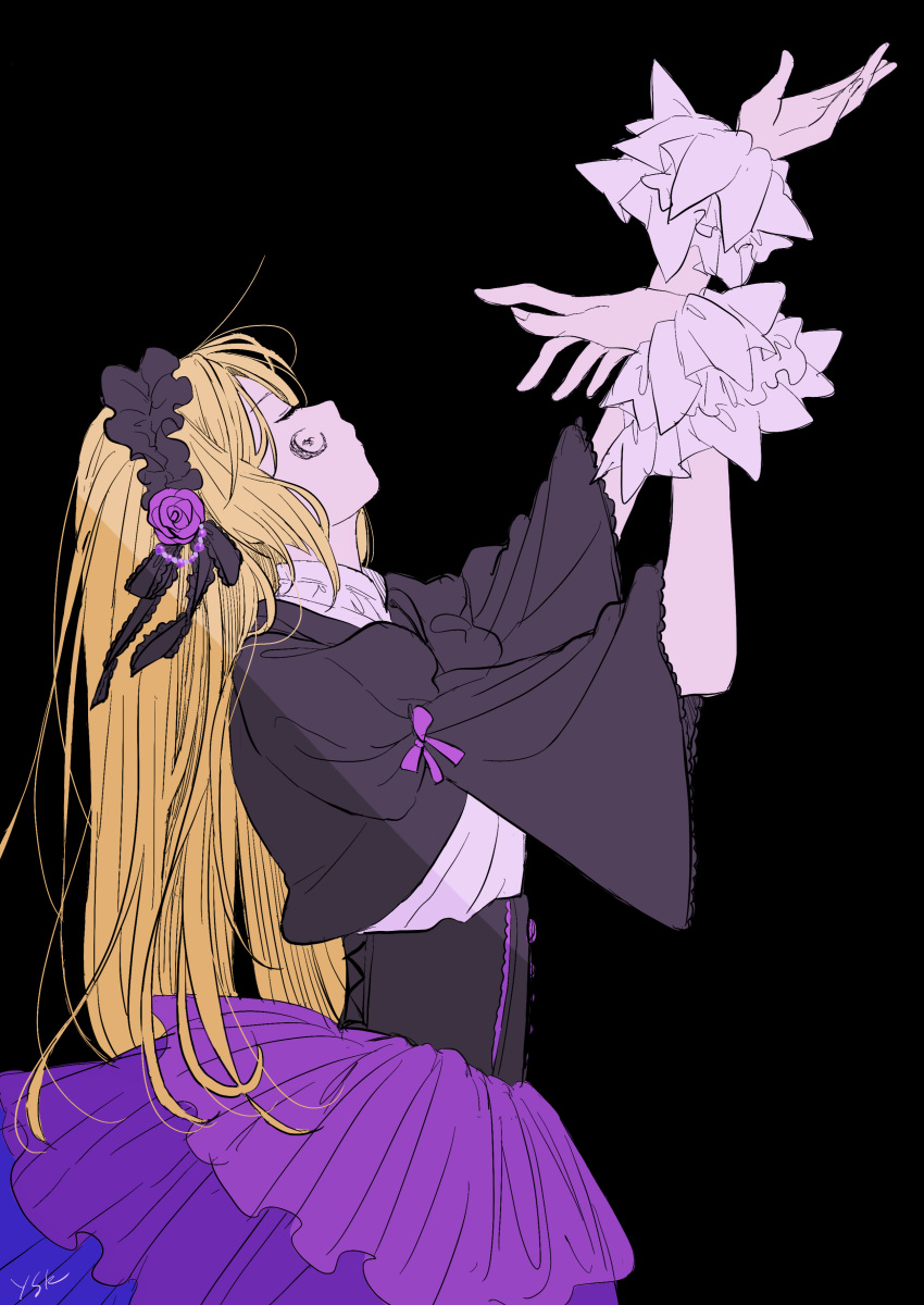 absurdres bangs black_background blonde_hair closed_eyes corset facial_mark flower headdress highres long_hair purple_flower purple_rose purple_skirt roman rose skirt solo sound_horizon very_long_hair violette yasuu!