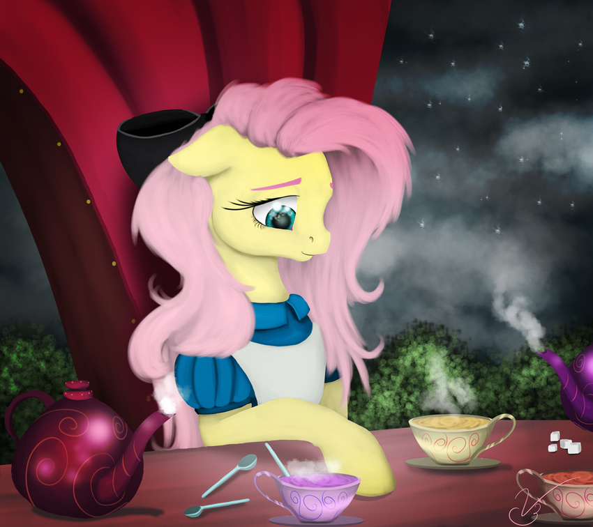 alice_(alice_in_wonderland) alice_in_wonderland beverage blue_eyes chair clothed clothing cup dress earth_pony equine female feral fluttershy_(mlp) friendship_is_magic hair hair_bow hair_ribbon horse long_hair mammal my_little_pony pink_hair pony ribbons sitting solo spoon tea tea_cup teapot vinicius040598 yellow_body