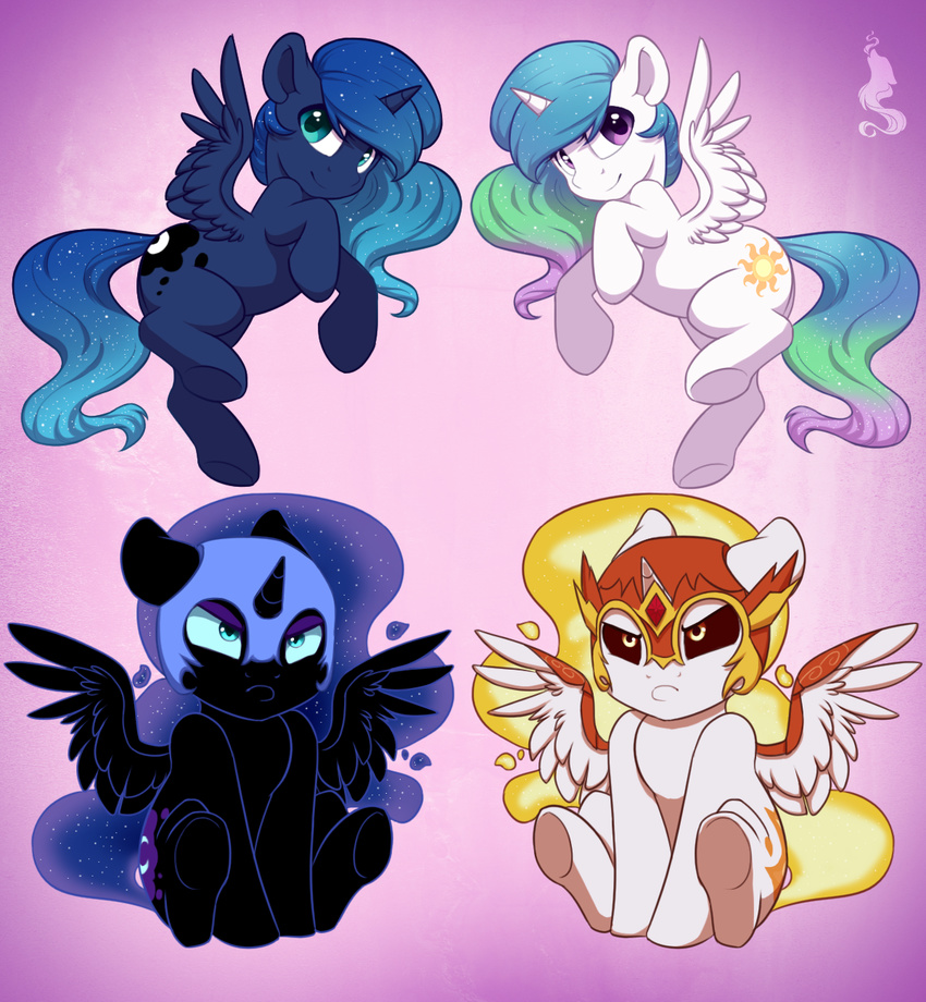 black_feathers black_fur cosmic_hair cutie_mark daybreaker_(mlp) equine feathered_wings feathers female friendship_is_magic fur hooves horn mammal my_little_pony nightmare_moon_(mlp) princess_celestia_(mlp) princess_luna_(mlp) silentwulv simple_background smile white_feathers white_fur winged_unicorn wings