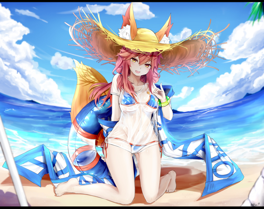 animal_ears bikini blue_bikini blush breasts cleavage collarbone commentary_request day dpea9 ears_through_headwear fang fate/extra fate/grand_order fate_(series) fox_ears fox_shadow_puppet fox_tail hat highres large_breasts long_hair looking_at_viewer md5_mismatch navel ocean open_mouth outdoors pink_hair sitting solo straw_hat sun_hat swimsuit tail tamamo_(fate)_(all) tamamo_no_mae_(fate) tamamo_no_mae_(swimsuit_lancer)_(fate) wet wet_clothes yellow_eyes