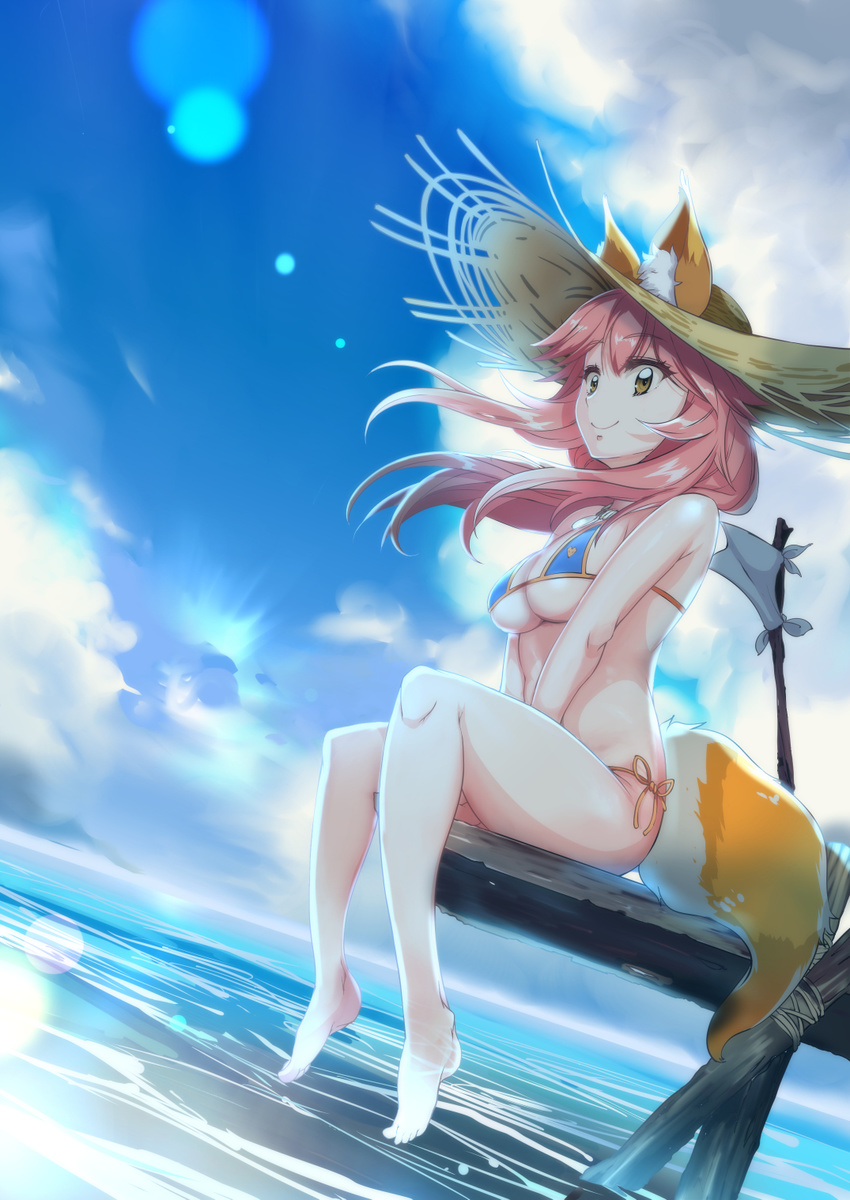 animal_ears bikini blue_bikini breasts cleavage commentary_request day ears_through_headwear fate/extra fate/grand_order fate_(series) fox_ears fox_tail grimjin hat highres large_breasts long_hair navel ocean outdoors pink_hair sitting solo straw_hat sun_hat swimsuit tail tamamo_(fate)_(all) tamamo_no_mae_(fate) tamamo_no_mae_(swimsuit_lancer)_(fate) yellow_eyes