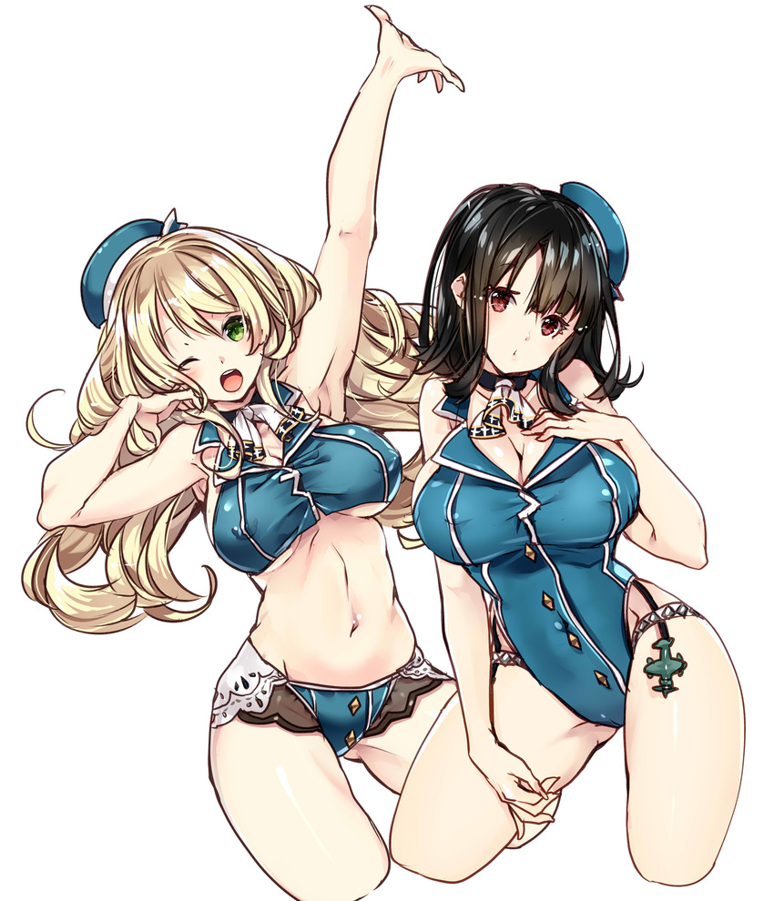 2girls ;d absurdres adapted_costume arm_up armpits ascot ass_visible_through_thighs atago_(kantai_collection) bangs bare_arms beret bikini black_eyes blonde_hair blush breasts brown_hair choker cleavage covered_nipples cowboy_shot cropped_legs eyebrows_visible_through_hair green_eyes hair_between_eyes hand_on_own_chest hand_up hat highres kantai_collection large_breasts long_hair looking_at_viewer multiple_girls navel one-piece_swimsuit one_eye_closed open_mouth outstretched_hand parted_lips sidelocks simple_background sleeveless smile stomach swimsuit takao_(kantai_collection) underboob white_background