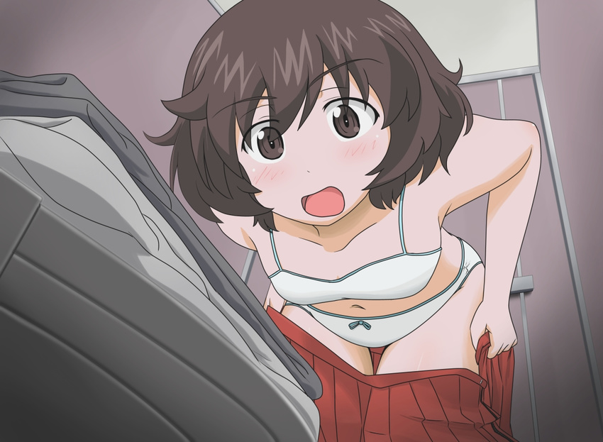 akiyama_yukari bangs blush bow bow_panties bra brown_eyes brown_hair commentary_request embarrassed eyebrows_visible_through_hair from_ground girls_und_panzer leaning_forward looking_at_viewer messy_hair minipat_(sketch_wall) miniskirt navel no_shirt open_clothes open_mouth open_skirt panties pleated_skirt red_skirt restroom_stall saunders_school_uniform short_hair skirt skirt_pull solo sports_bra standing toilet underwear white_bra white_panties