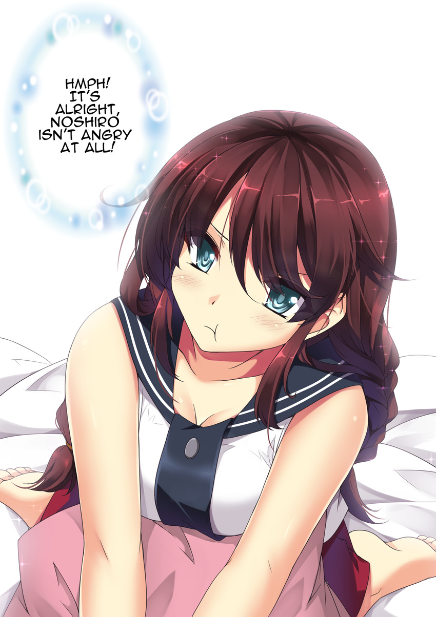 bed_sheet blue_eyes blush braid breasts cleavage collarbone commentary english eyes_visible_through_hair highres kantai_collection kneeling large_breasts leaning_forward long_hair looking_at_viewer looking_up noshiro_(kantai_collection) pillow pleated_skirt pout red_skirt sailor_collar sheita shiny shiny_hair skirt twin_braids