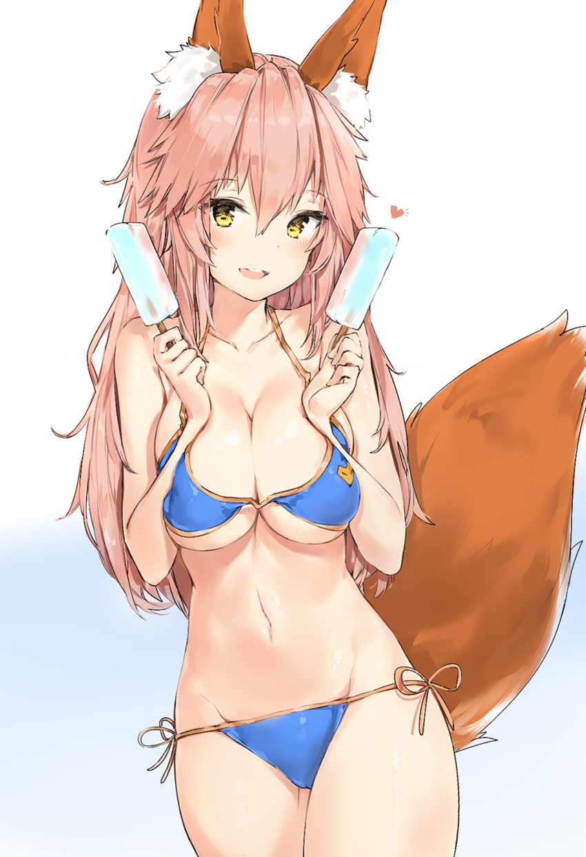 animal_ear_fluff animal_ears bangs bikini blue_bikini blush breasts cleavage collarbone commentary cowboy_shot deep_skin eyebrows_visible_through_hair eyes_visible_through_hair fate/extra fate_(series) food fox_ears gradient gradient_background hair_between_eyes heart highres holding holding_food large_breasts legs_together long_hair looking_at_viewer navel open_mouth pink_hair popsicle round_teeth sharing_food side-tie_bikini silver_(chenwen) simple_background solo standing swimsuit tamamo_(fate)_(all) tamamo_no_mae_(fate) tamamo_no_mae_(swimsuit_lancer)_(fate) teeth upper_teeth white_background yellow_eyes