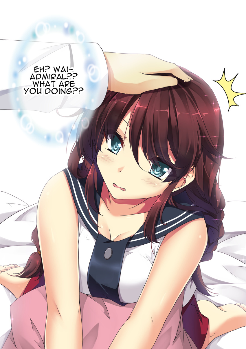 1girl admiral_(kantai_collection) bed_sheet blue_eyes blush braid breasts cleavage collarbone commentary english eyes_visible_through_hair highres kantai_collection kneeling large_breasts leaning_forward long_hair looking_at_viewer looking_up noshiro_(kantai_collection) open_mouth petting pillow pleated_skirt red_skirt sailor_collar sheita shiny shiny_hair skirt twin_braids