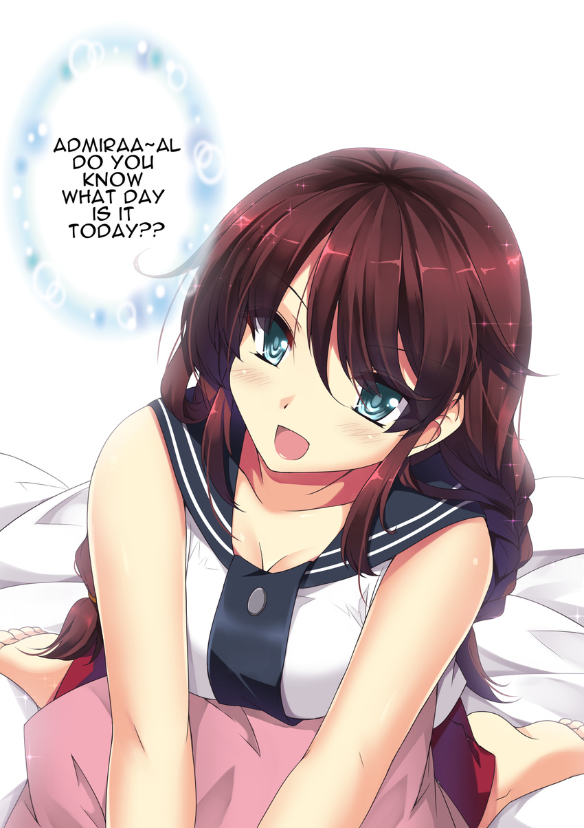 bed_sheet blue_eyes blush braid breasts cleavage collarbone commentary english eyes_visible_through_hair highres kantai_collection kneeling large_breasts leaning_forward long_hair looking_at_viewer looking_up noshiro_(kantai_collection) open_mouth pillow pleated_skirt red_skirt sailor_collar sheita shiny shiny_hair skirt twin_braids