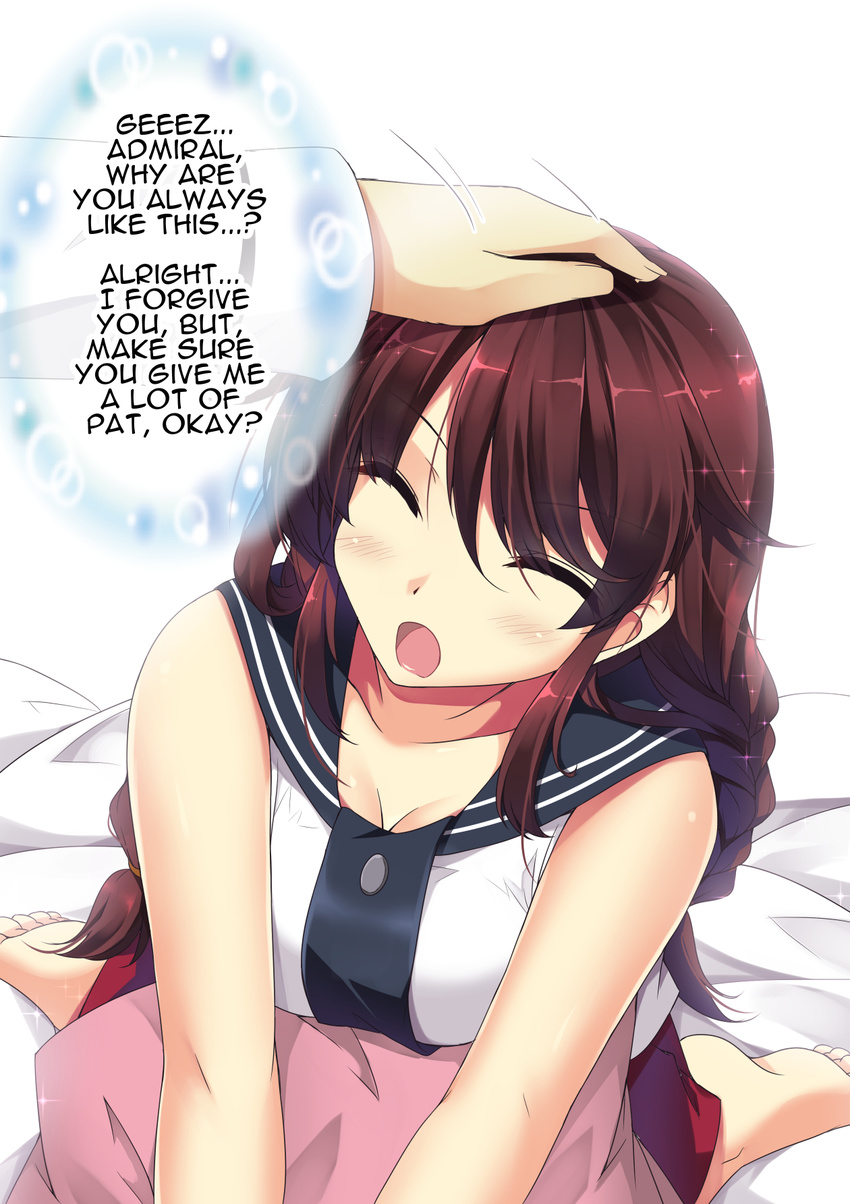 1girl admiral_(kantai_collection) bed_sheet blush braid breasts cleavage closed_eyes collarbone commentary english highres kantai_collection kneeling large_breasts leaning_forward long_hair looking_at_viewer looking_up noshiro_(kantai_collection) open_mouth petting pillow pleated_skirt red_skirt sailor_collar sheita shiny shiny_hair skirt twin_braids
