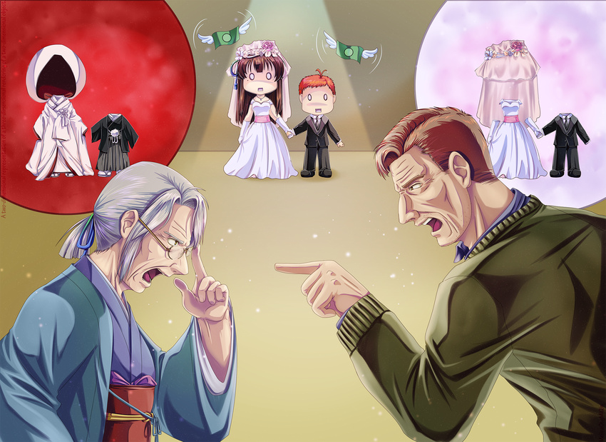 2boys 2girls alternate_costume arguing black_hair blue_ribbon bridal_veil brown_eyes chibi chibi_inset commentary dress eye_contact facial_hair father_and_son formal glasses gloves grandmother_and_granddaughter green_ribbon grey_hair hair_intakes hair_ribbon hakama haori height_difference highres holding_hands iowa_(pacific) japanese_clothes jewelry kantai_collection kimi_no_na_wa kimono looking_at_another melisaongmiqin miyamizu_hitoha mole mole_under_eye money multicolored multicolored_ribbon multiple_boys multiple_girls necklace no_hat no_headwear old_woman open_mouth pacific pointing red_hair ribbon scared solid_oval_eyes star star_necklace stubble suit turn_pale uchikake veil wedding_dress white_gloves