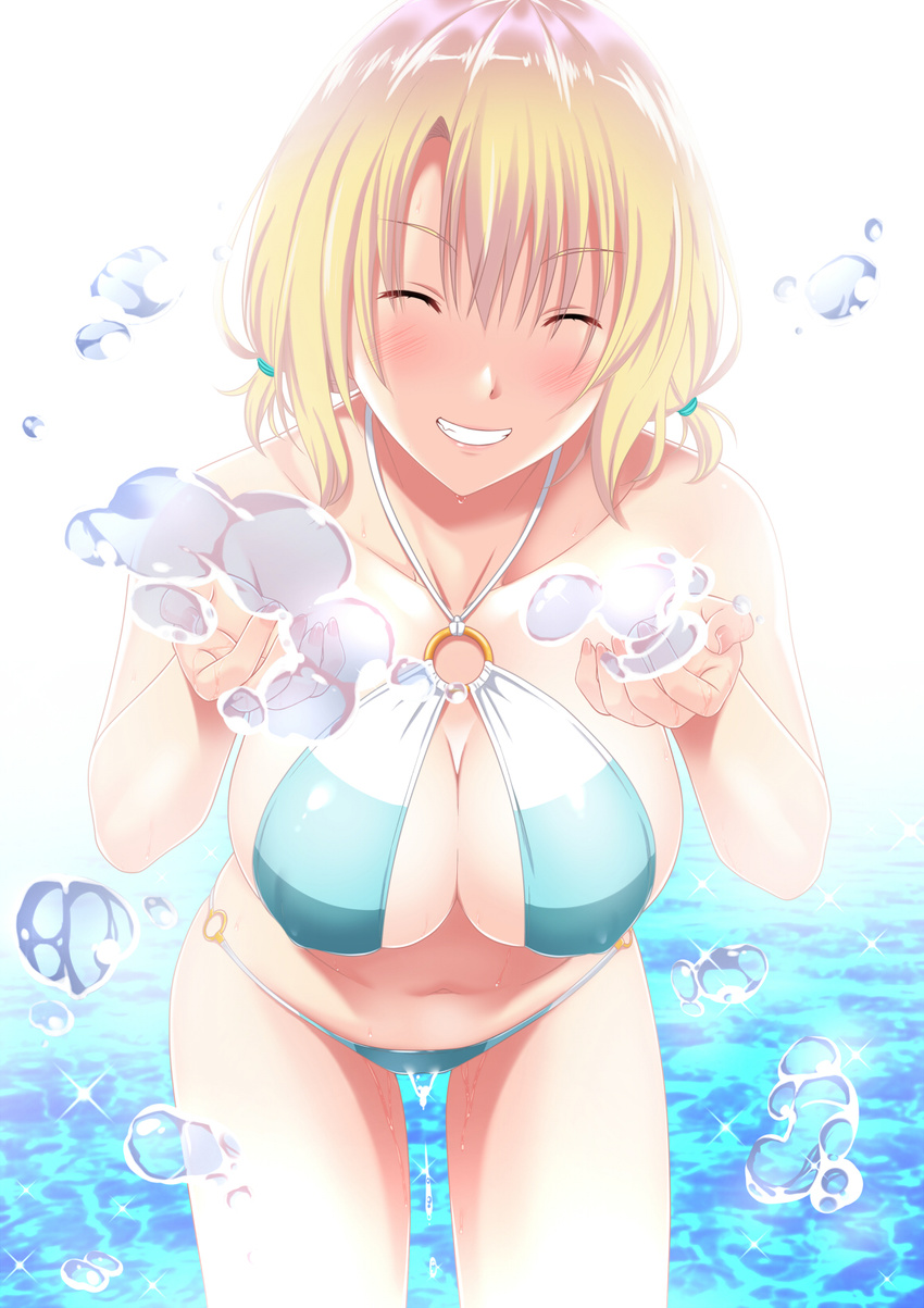 &gt;:) ^_^ bangs blush breasts closed_eyes collarbone commentary_request covered_nipples cowboy_shot facing_viewer grin halter_top halterneck highres large_breasts leaning_forward navel o-ring o-ring_bikini ocean original short_hair shuko_hime smile solo splashing stomach tawagoto_dukai_no_deshi tied_hair v-shaped_eyebrows