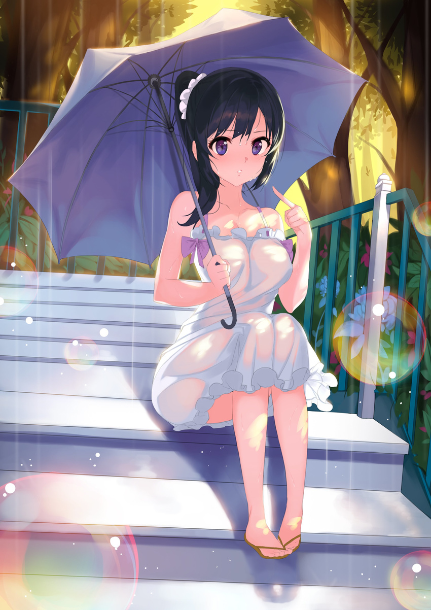 absurdres black_hair blush bow commentary_request dress forest hibike!_euphonium highres kimjunho kousaka_reina lens_flare looking_at_viewer nature pointing pointing_at_self purple_bow purple_eyes railing rain sandals see-through sitting solo stairs tree umbrella white_dress