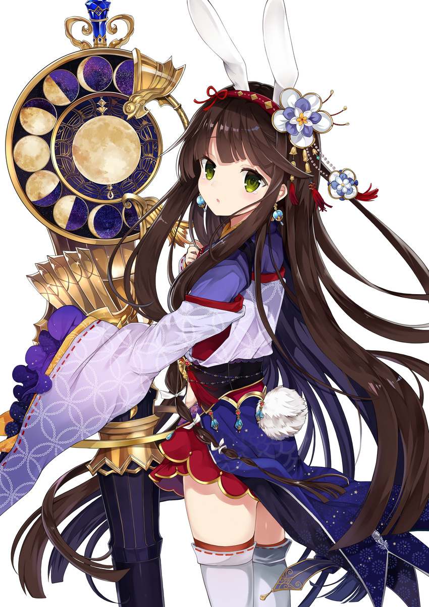 absurdres animal_ears bangs blush boots brown_hair bunny_ears commentary_request cowboy_shot flower from_side green_eyes grimms_notes hair_flower hair_ornament hairband highres holding japanese_clothes kaguyahime_(grimms_notes) long_hair looking_at_viewer looking_back parted_lips red_legwear retsuto ribbon-trimmed_legwear ribbon_trim sash sidelocks simple_background solo swept_bangs thigh_boots thighhighs very_long_hair white_background white_flower white_legwear