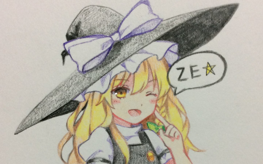 ;d blonde_hair blush braid colored_pencil_(medium) commentary hat kirisame_marisa long_hair looking_at_viewer one_eye_closed open_mouth puffy_short_sleeves puffy_sleeves short_sleeves side_braid single_braid smile solo star touhou traditional_media turtleneck vest witch_hat yellow_eyes yururi_nano ze_(phrase)