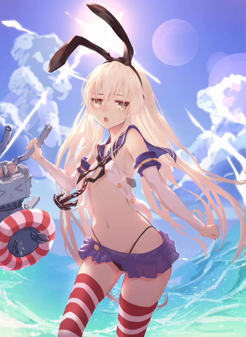 absurdres anchor ass_visible_through_thighs black_panties blonde_hair blue_skirt blue_sky breasts contrapposto crop_top day detached_sleeves godoju grey_eyes hair_between_eyes hair_ribbon hairband highleg highleg_panties highres horizon kantai_collection lens_flare long_hair looking_at_viewer microskirt midriff navel ocean open_mouth outdoors panties partially_unbuttoned pleated_skirt rensouhou-chan ribbon sailor_collar sailor_shirt shimakaze_(kantai_collection) shirt skirt sky small_breasts solo standing string_panties striped striped_legwear thighhighs underwear
