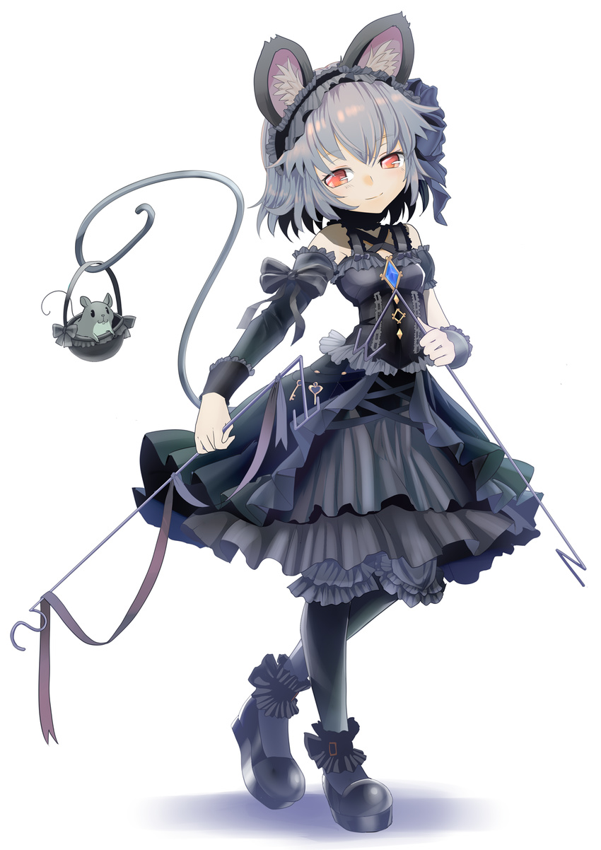 alternate_costume animal_ears ankle_cuffs bangs black_bow black_dress black_footwear black_legwear bow commentary_request dowsing_rod dress frilled_dress frills full_body gothic_lolita grey_hair hairband highres holding ishikkoro jewelry key lolita_fashion lolita_hairband looking_at_viewer mouse mouse_ears mouse_tail nazrin pantyhose pendant red_eyes ribbon shoes short_hair simple_background smile solo standing tail touhou white_background wrist_cuffs