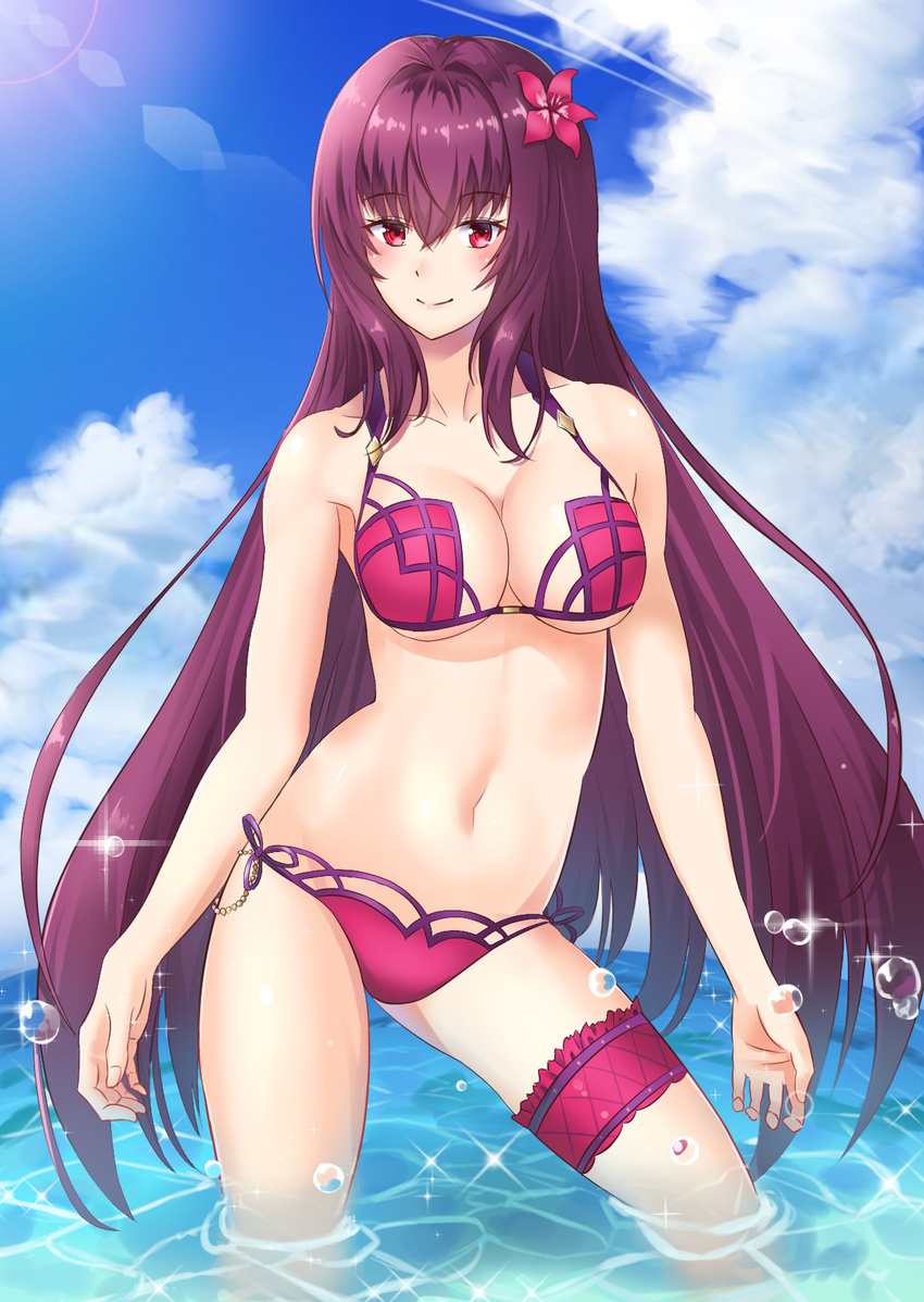 bad_id bad_pixiv_id bare_shoulders blush breasts brown_hair cleavage closed_mouth collarbone commentary_request eyebrows_visible_through_hair fate/grand_order fate_(series) flower furan_(pixiv20237436) hair_flower hair_ornament hibiscus highres large_breasts long_hair looking_at_viewer navel red_eyes scathach_(fate)_(all) scathach_(swimsuit_assassin)_(fate) smile solo wading water_drop