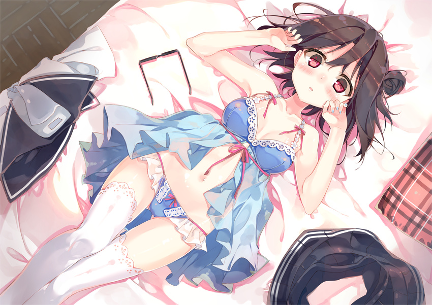 ass_visible_through_thighs babydoll bangs bare_arms bed_sheet black_hair black_skirt blue_panties blush bow bow_panties breasts collarbone commentary_request dutch_angle eyebrows_visible_through_hair frilled_panties frills glasses hair_between_eyes hair_bun hands_up highres hisaka_hazara looking_at_viewer lying nail_polish navel on_back original panties parted_lips pink_bow pink_ribbon pleated_skirt red_eyes ribbon short_hair skirt skirt_removed small_breasts solo stomach thigh_gap thighhighs underwear white_legwear