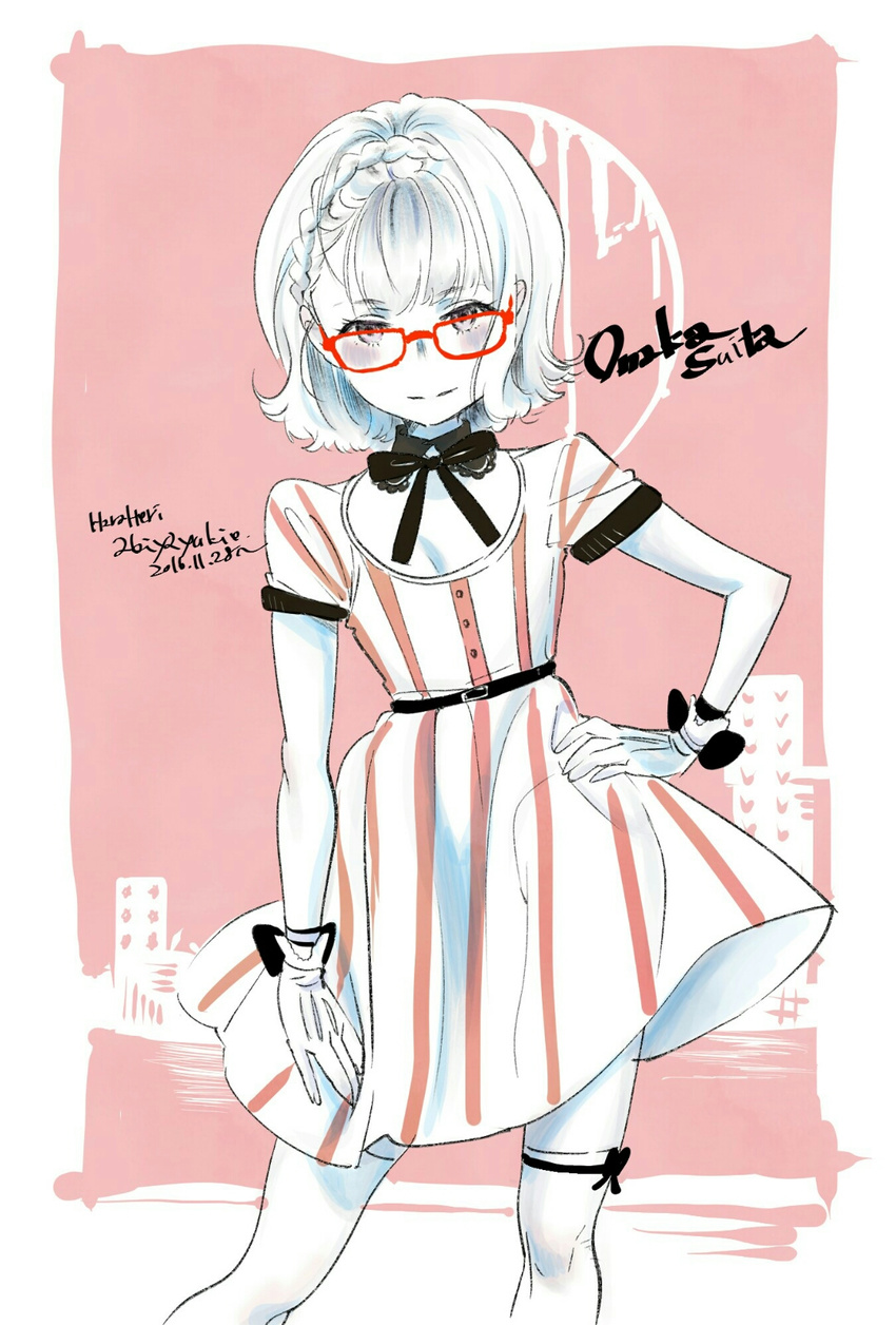 akiya_yukie braid detached_collar dress glasses gloves highres monochrome neck_ribbon red-framed_eyewear ribbon short_hair short_sleeves skirt solo thighhighs