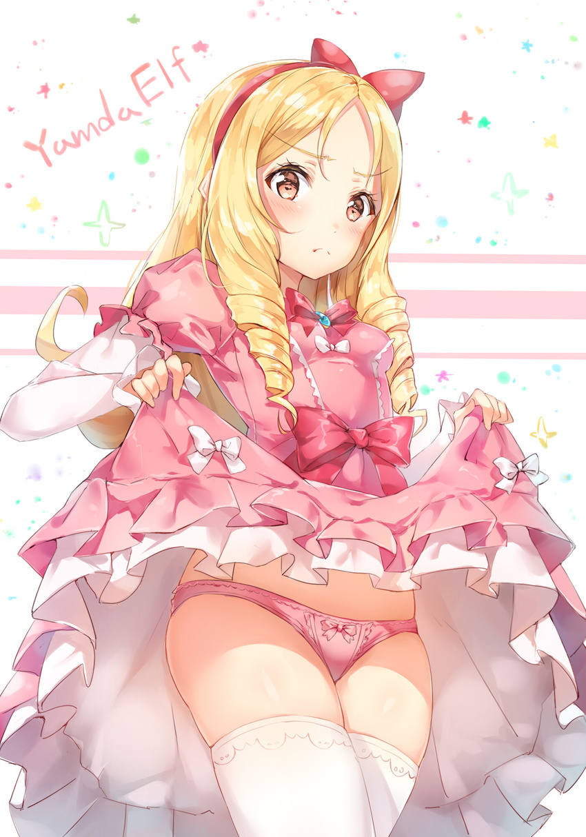bangs blonde_hair blush bow bow_panties bowtie breasts brooch brown_eyes character_name closed_mouth clothes_lift commentary_request cowboy_shot dress dress_lift eromanga_sensei eyebrows_visible_through_hair flashing frilled_skirt frills ginn_(hzh770121) hair_bow hairband halterneck hands_up highres jewelry legs_together lifted_by_self lolita_fashion long_hair long_sleeves looking_at_viewer panties parted_bangs pink_dress pink_panties pointy_ears puffy_short_sleeves puffy_sleeves red_bow red_hairband red_neckwear ringlets short_over_long_sleeves short_sleeves sidelocks skirt skirt_hold small_breasts solo standing thighhighs underwear white_bow white_legwear yamada_elf