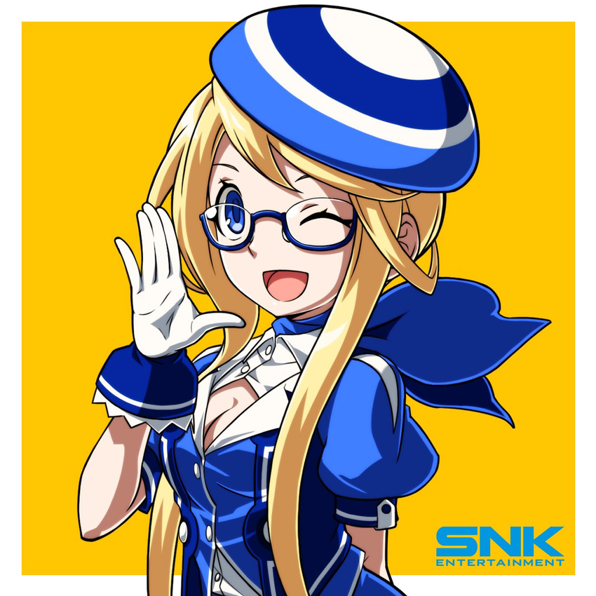 ;) arm_behind_back ascot beret blonde_hair blue-framed_eyewear blue_eyes blue_neckwear breasts cleavage enta_girl falcoon glasses gloves hat highres logo looking_at_viewer mascot official_art one_eye_closed semi-rimless_eyewear simple_background small_breasts smile snk solo white_gloves wrist_cuffs yellow_background