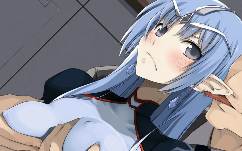 1girl black_eyes blue_hair blush breast_grab breasts earrings erect_nipples highres indoors lafiel licking long_hair looking_at_viewer pointy_ears saliva seikai_no_monshou seikai_no_senki small_breasts solo_focus teitetsu_kishidan tiara tongue upper_body