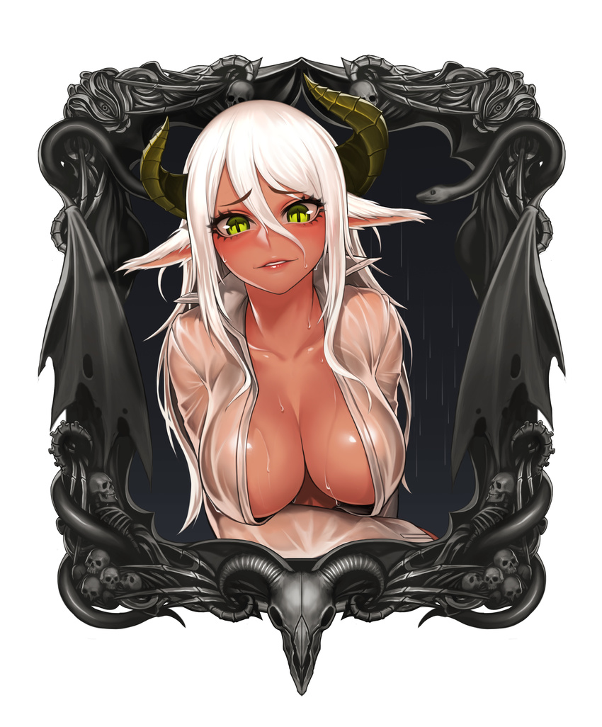 absurdres animal_skull bad_id bad_pixiv_id bangs baphome black_wings breasts cleavage collarbone collared_shirt dark_skin demon_girl demon_horns demon_wings dress_shirt eyebrows_visible_through_hair eyelashes green_eyes hair_between_eyes highres horns large_breasts lips long_hair long_sleeves looking_at_viewer no_bra open_clothes open_shirt original parted_lips pointy_ears shirt sidelocks skeleton skull slit_pupils smile snake solo teeth upper_body vana wet wet_clothes wet_hair wet_shirt white_hair white_shirt wings