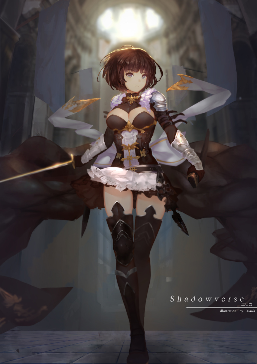 absurdres ahoge armor armored_dress artist_name bangs black_armor black_dress blue_eyes breasts brown_hair dress erika_(shadowverse) eyebrows_visible_through_hair full_body gauntlets highres holding holding_sword holding_weapon large_breasts long_sleeves looking_away parted_lips shadowverse short_hair standing sword thighhighs weapon xiaoxiao zettai_ryouiki