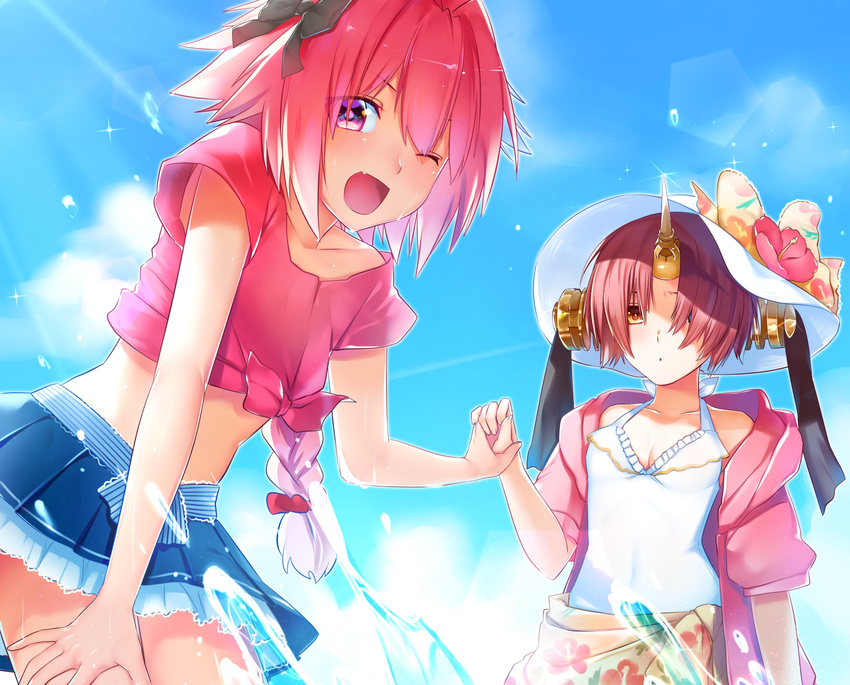 1girl absurdres astolfo_(fate) ayamori_mimi braid fang fate/apocrypha fate/grand_order fate_(series) frankenstein's_monster_(fate) highres horn navel open_mouth otoko_no_ko pink_hair purple_eyes shirt single_braid swimsuit tied_shirt veil water water_drop
