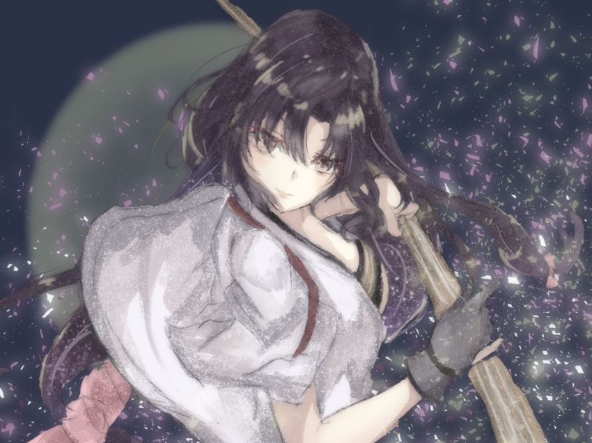 1girl bandeau bangs black_gloves black_hair bow_(weapon) brown_eyes closed_mouth gloves hadanugi_dousa holding holding_weapon kantai_collection long_hair looking_at_viewer low-tied_long_hair partly_fingerless_gloves sa-ya2 shouhou_(kantai_collection) solo traditional_media upper_body weapon