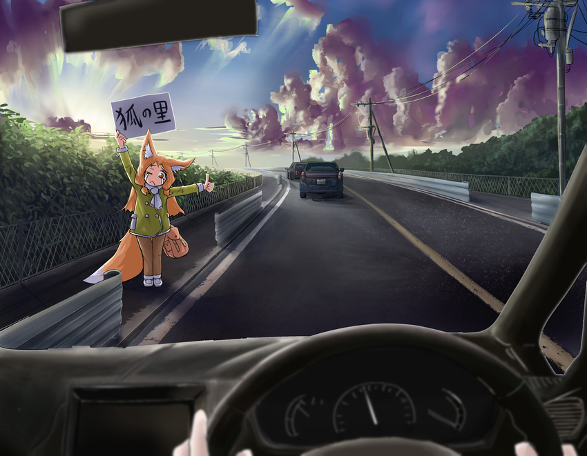 absurdres animal_ears bag brown_eyes bush cable car_interior cloud cloudy_sky commentary day doitsuken fox_ears fox_girl fox_tail green_jacket guard_rail head_tilt highres hitchhiking jacket landscape leaf looking_at_viewer one_eye_closed orange_hair original pov road scarf scenery shoulder_bag sky slit_pupils solo_focus steering_wheel tail tears telephone_pole thumbs_up translated white_scarf