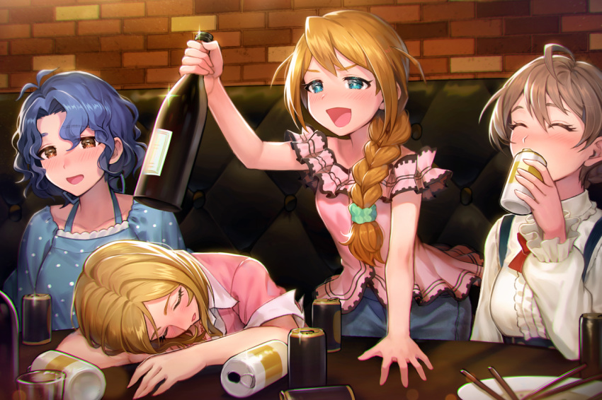 &gt;:d ^_^ ahoge alcohol antenna_hair apple_brk arm_support baba_konomi bar beer beer_can blonde_hair blouse blue_eyes blue_hair blush booth bottle braid brick_wall brown_hair can chopsticks closed_eyes collar commentary_request drinking drunk eyebrows_visible_through_hair eyes_closed frilled_collar frilled_sleeves frills hair_ornament hair_scrunchie head_on_table holding holding_bottle holding_can idolmaster idolmaster_million_live! idolmaster_million_live!_theater_days indoors korean_commentary long_hair long_sleeves momose_rio orange_hair plate polka_dot restaurant sakuramori_kaori scrunchie side_braid single_braid sitting sleeping table toyokawa_fuuka wavy_hair wine wine_bottle wing_collar