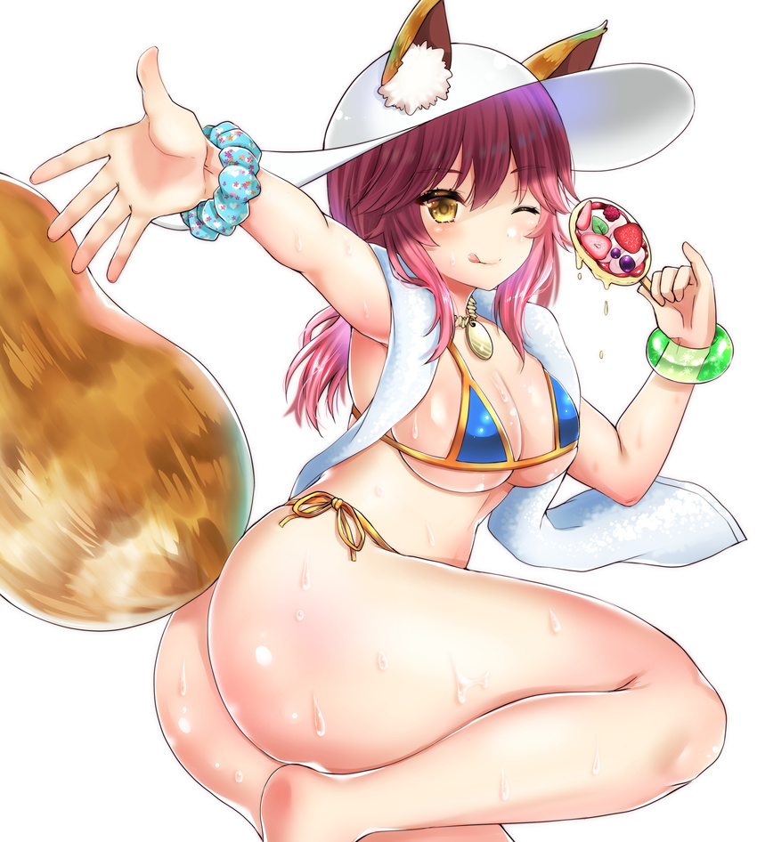 :q absurdres animal_ears ass barefoot bikini blue_bikini breasts brown_eyes cleavage ears_through_headwear fate_(series) food fox_ears fox_tail fruit hat highres jewelry long_hair looking_at_viewer lying medium_breasts necklace on_side one_eye_closed pink_hair raspberry scrunchie solo strawberry sun_hat sweat swimsuit tail tamamo_(fate)_(all) tamamo_no_mae_(fate) tamamo_no_mae_(swimsuit_lancer)_(fate) thighs tongue tongue_out white_hat yellow_bikini yuzuri_ai