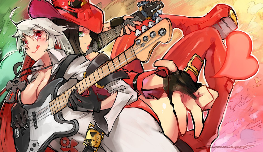 :q ahoge ankh back-to-back bass_guitar black_gloves black_hair boots breasts cleavage colorized commentary detached_sleeves electric_guitar fingerless_gloves gloves green_eyes guilty_gear guilty_gear_xrd guitar hat i-no instrument jack-o'_valentine jacket jewelry kenshin187 lipstick long_hair looking_at_viewer makeup medium_breasts mole_above_mouth multicolored_hair multiple_girls music no_bra outstretched_hand pendant playing_instrument red_eyes red_hair red_jacket short_hair silver_hair thigh_boots thighhighs tongue tongue_out two-tone_hair witch_hat
