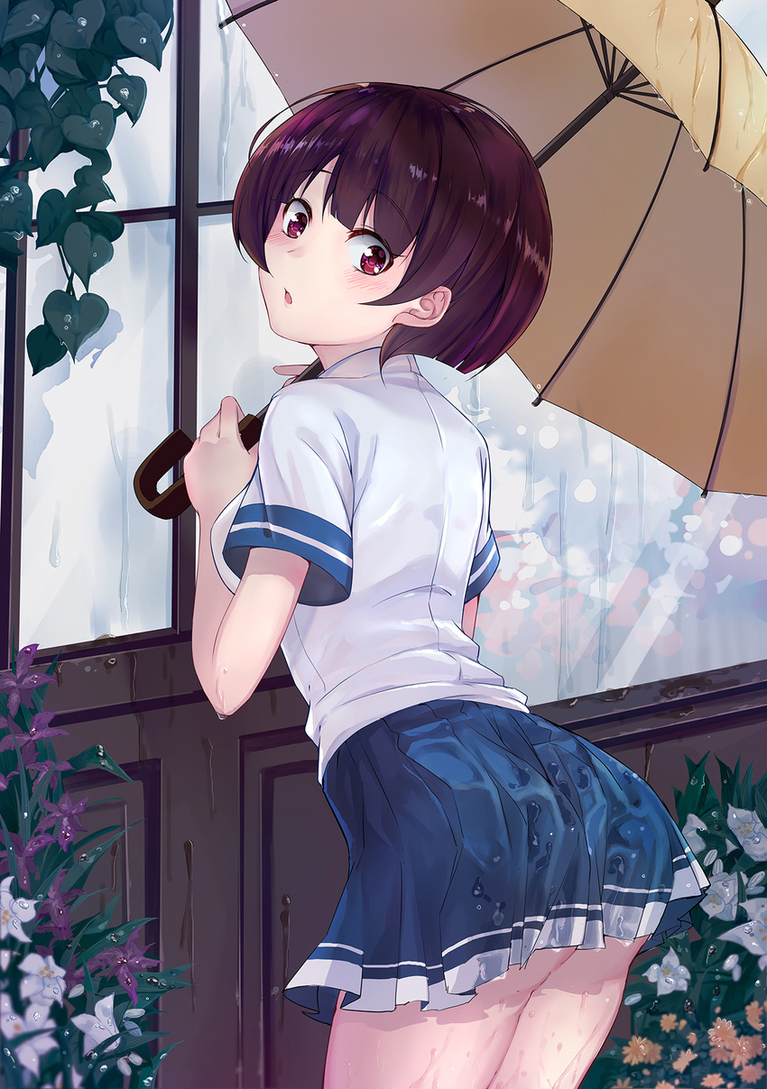 ass black_hair blue_skirt blush character_request copyright_request eyebrows_visible_through_hair from_behind highres holding holding_umbrella looking_at_viewer luo_jie parted_lips red_eyes short_hair skirt solo umbrella wet wet_clothes wet_skirt window