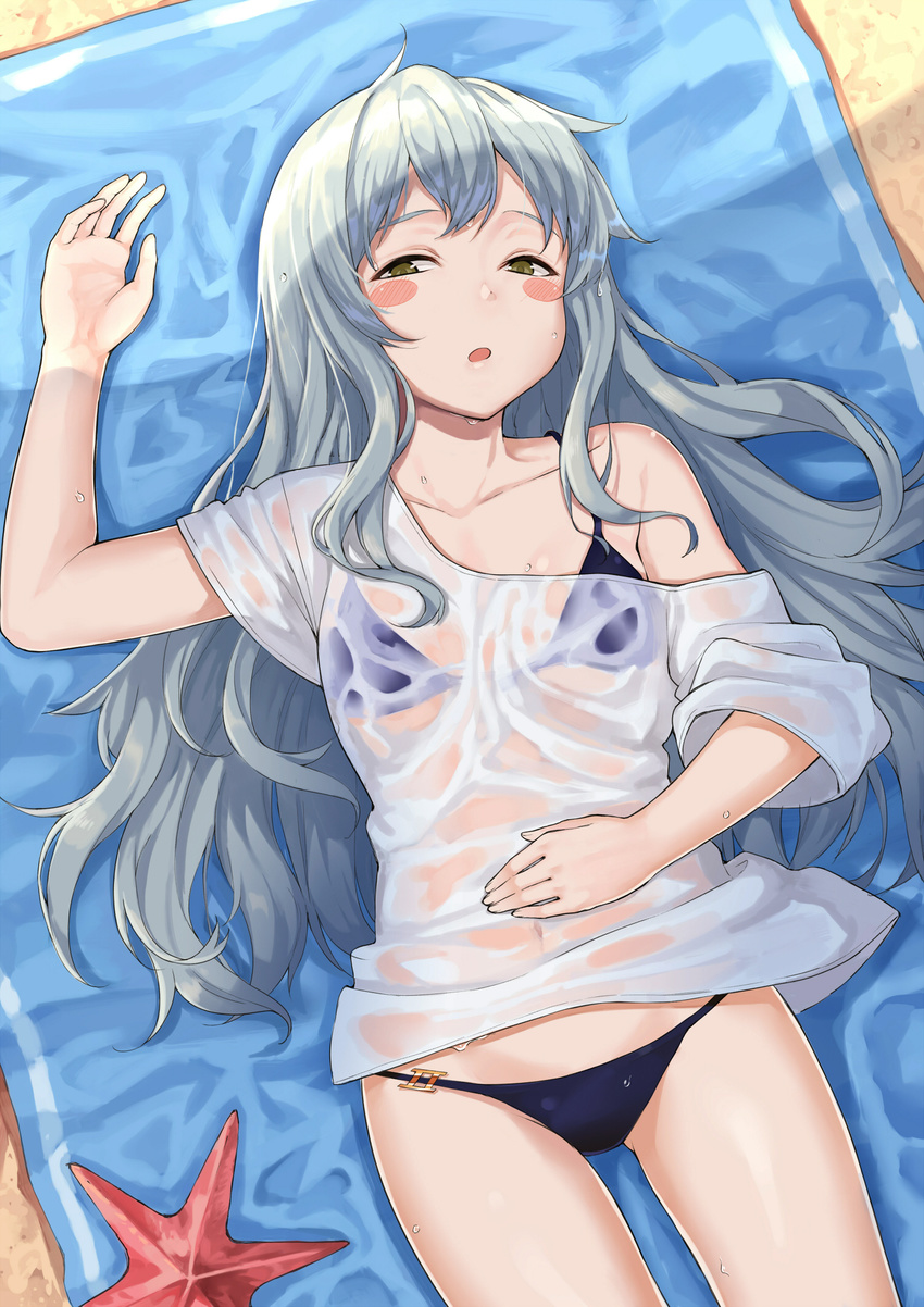 :o arm_up bangs beach bikini blue_bikini blush_stickers collarbone commentary_request cowboy_shot day from_above g11_(girls_frontline) girls_frontline green_eyes grey_hair half-closed_eyes hand_on_own_stomach highres long_hair looking_at_viewer lying navel off-shoulder_shirt off_shoulder on_back open_mouth outdoors sand see-through shirt shooene solo starfish swimsuit towel