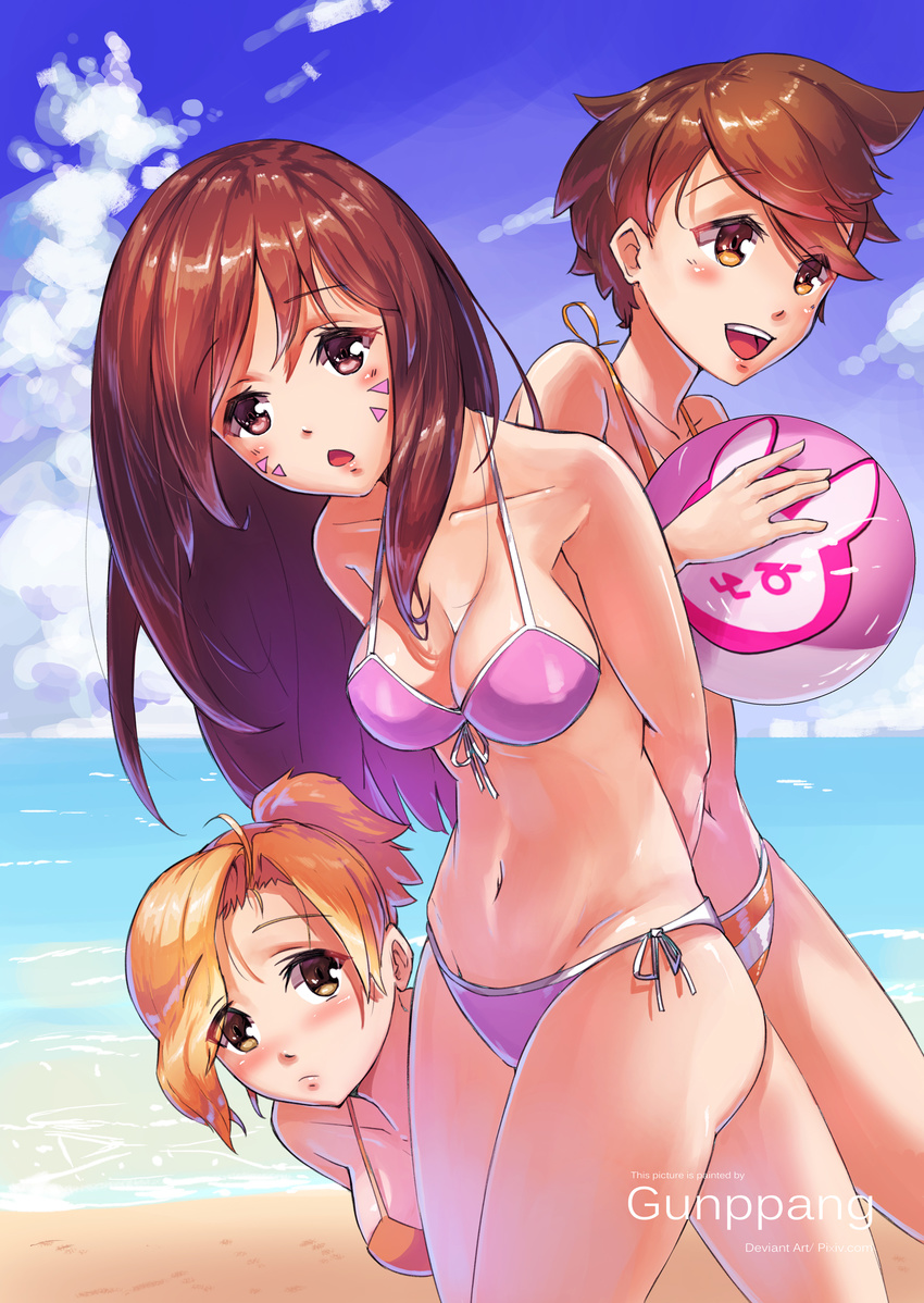 absurdres alternate_eye_color arms_behind_back artist_name ball bangs beach beachball bikini blue_sky blush breasts brown_eyes brown_hair chestnut_mouth cloud collarbone commentary_request cowboy_shot d.va_(overwatch) day ear_piercing eyebrows_visible_through_hair eyes_visible_through_hair facial_mark front-tie_bikini front-tie_top gunppang high_ponytail highres holding leaning_forward long_hair looking_at_viewer making_of medium_breasts mercy_(overwatch) multiple_girls navel ocean open_mouth orange_bikini outdoors overwatch piercing purple_bikini shore side-tie_bikini signature sky smile spiked_hair strap_gap string_bikini striped striped_bikini swept_bangs swimsuit tracer_(overwatch) whisker_markings