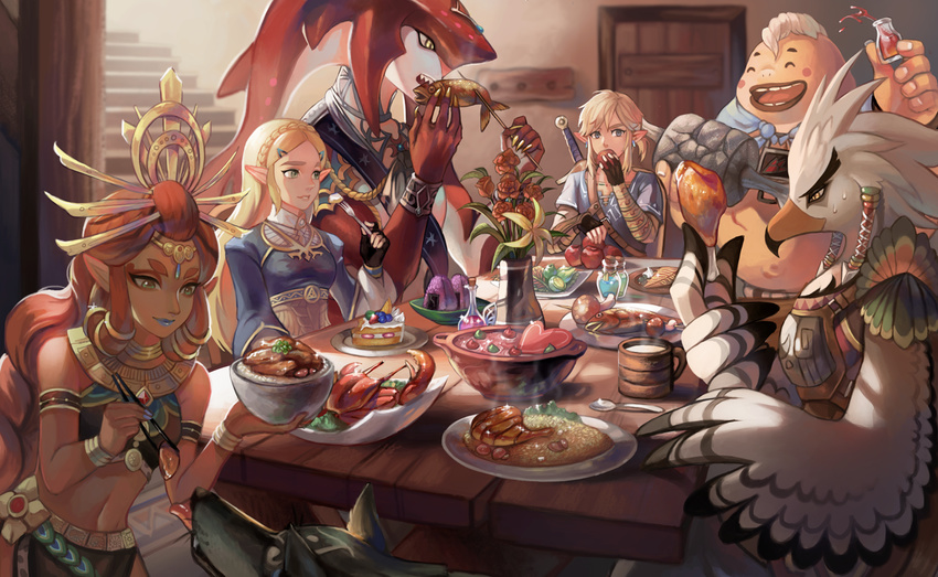 beak blonde_hair crab dark_skin dinner eating feeding fish food gerudo goron link link_(wolf) meat monster_boy multiple_girls plate princess_zelda riju rito sidon sitting stairs steam syn_(kuponutt) table teba_(zelda) the_legend_of_zelda the_legend_of_zelda:_breath_of_the_wild wolf yunobo zora