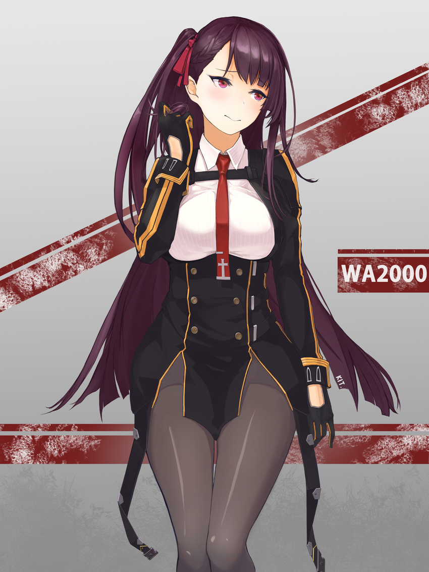 absurdres arm_at_side artist_name bangs black_gloves black_legwear blunt_bangs blush breasts buttons character_name closed_mouth collared_shirt cowboy_shot cross dress_shirt eyebrows_visible_through_hair girls_frontline gloves hair_ribbon hair_twirling hand_up highres kit_park large_breasts long_hair long_sleeves looking_to_the_side necktie one_side_up pantyhose petals purple_hair red_eyes red_neckwear red_ribbon ribbed_shirt ribbon shirt side_ribbon solo standing strap underbust very_long_hair wa2000_(girls_frontline) white_shirt