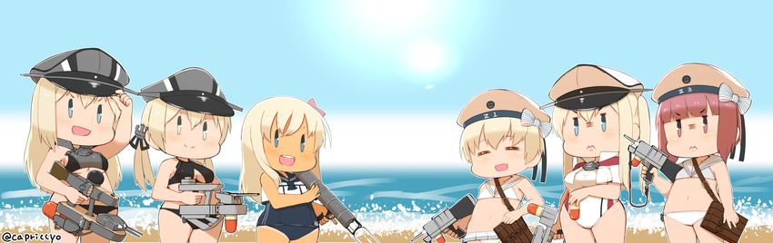 =_= anchor_hair_ornament bag beach bikini bismarck_(kantai_collection) blonde_hair blue_eyes brown_eyes brown_hair capriccyo commentary_request cowboy_shot day graf_zeppelin_(kantai_collection) gun hair_ornament hat highres kantai_collection long_hair low_twintails multiple_girls one-piece_tan open_mouth peaked_cap prinz_eugen_(kantai_collection) ro-500_(kantai_collection) rocket_launcher sailor_bikini sailor_collar school_swimsuit short_hair silver_hair standing swimsuit tan tanline twintails twitter_username water_gun weapon weapon_request white_bikini z1_leberecht_maass_(kantai_collection) z3_max_schultz_(kantai_collection)