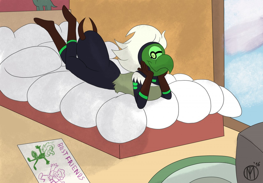 2016 alien arthropod beak bed bedroom cartoon_network centipeetle clothed clothing cyclops drawing female gem_(species) hair hands_on_face happy insect insectoid lying mb_thomas on_front smile solo steven_universe thorax white_hair