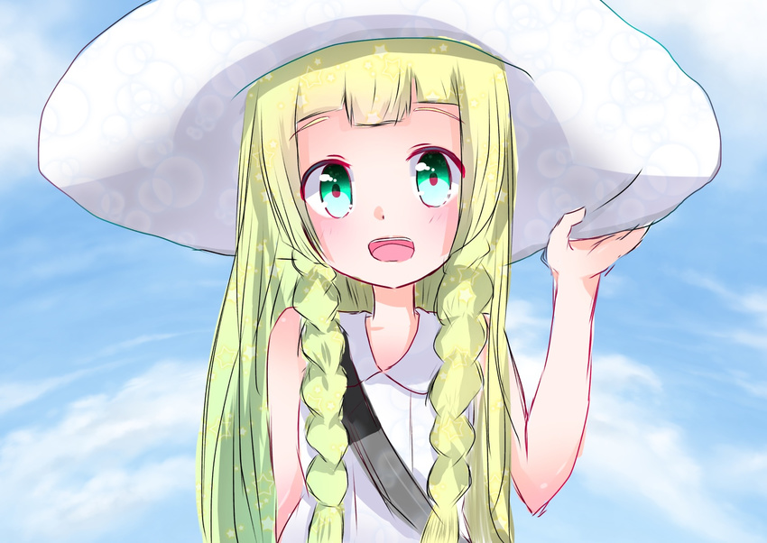 1girl arm_behind_back bare_shoulders blonde_hair blue_background blush braid cloud green_eyes hand_up hat lillie_(pokemon) long_hair looking_at_viewer open_mouth pokemon pokemon_(game) pokemon_sm riwa sky smile solo strapless sun_hat teeth twin_braids white_hat