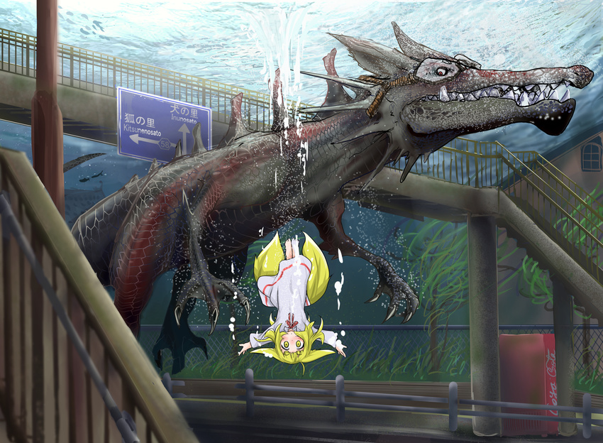 absurdres animal_ears blonde_hair child commentary_request diving doitsuken dragon dress fence flood fox_child_(doitsuken) fox_ears fox_tail goggles handrail highres landscape multiple_tails original overpass pedestrian_bridge railing road scenery stairs submerged tail two_tails underwater vending_machine white_dress yellow_eyes