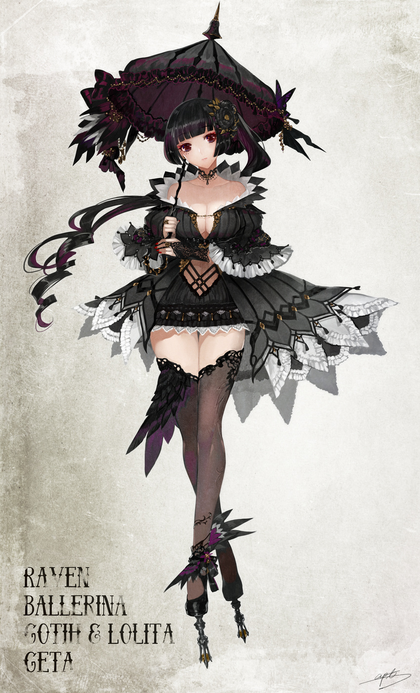 absurdres apt bangs bare_shoulders black_dress black_eyes black_flower black_hair black_legwear black_rose black_umbrella blunt_bangs breasts bridal_gauntlets choker cleavage closed_mouth collarbone commentary_request dress drill_hair flower frilled_dress frills full_body gothic_lolita hair_flower hair_ornament head_tilt highres holding holding_umbrella large_breasts lolita_fashion long_hair long_sleeves looking_at_viewer nail_polish off-shoulder_dress off_shoulder original parasol red_nails rose short_dress side_ponytail solo standing thighhighs umbrella very_long_hair wide_sleeves