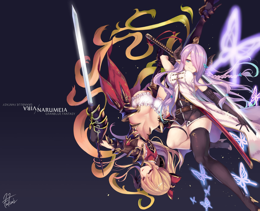 ass black_background black_gloves black_legwear blue_eyes bow braid breasts bug butterfly character_name copyright_name draph fukai_ryousuke gloves granblue_fantasy hair_bow hair_ornament hair_over_one_eye horns insect katana large_breasts lavender_hair light_brown_hair long_hair looking_at_viewer multiple_girls narmaya_(granblue_fantasy) pointy_ears purple_hair red_pupils signature single_thighhigh smile sword thighhighs upside-down very_long_hair vira_lilie weapon