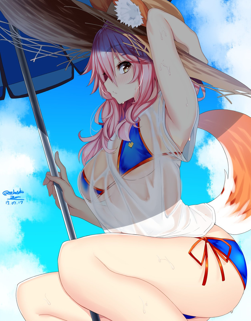 animal_ears arm_up armpits artist_name beach_umbrella bikini bikini_under_clothes blue_bikini blush breasts cloud cloudy_sky commentary_request dated day ears_through_headwear fate/extra fate/grand_order fate_(series) fox_ears fox_tail hand_on_head hand_on_headwear hat highres hips holding legs long_hair looking_at_viewer looking_to_the_side medium_breasts nebusoku outdoors parasol parted_lips pink_hair see-through shirt side-tie_bikini signature sky solo squatting straw_hat sun_hat swimsuit t-shirt tail tamamo_(fate)_(all) tamamo_no_mae_(swimsuit_lancer)_(fate) thighs twitter_username umbrella wet wet_clothes wet_shirt wet_t-shirt yellow_eyes