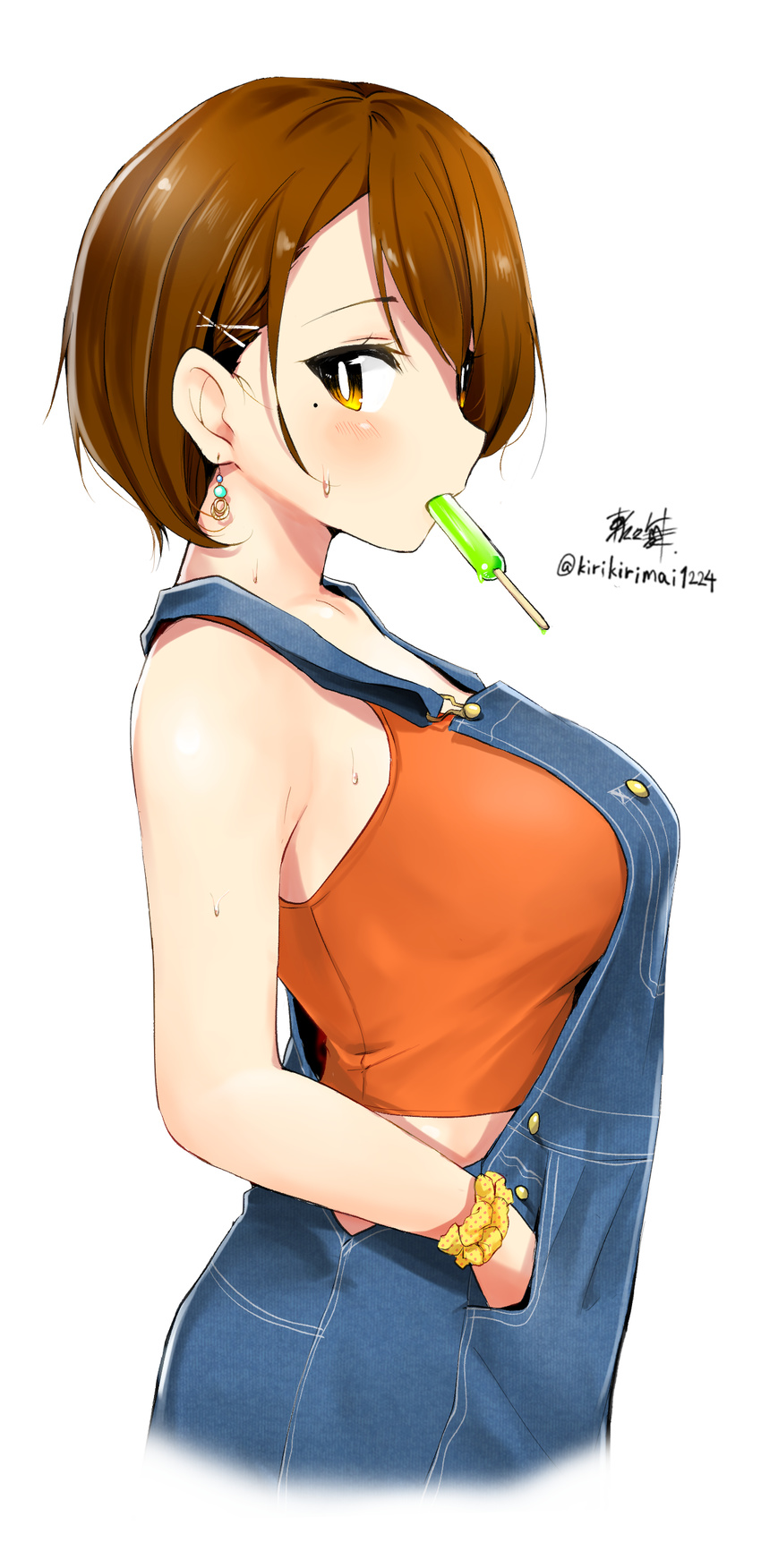 absurdres bare_shoulders blush breasts brown_hair collarbone commentary cowboy_shot cropped_legs dripping earrings food food_in_mouth hair_ornament hair_over_one_eye hairclip hands_in_pockets highres jewelry kirikirimai_(kkm) large_breasts looking_at_viewer melting mole mole_under_eye mouth_hold orange_shirt original overalls pocket popsicle scrunchie shirt short_hair signature simple_background sleeveless solo sweat tank_top twitter_username white_background wrist_scrunchie x_hair_ornament yellow_eyes
