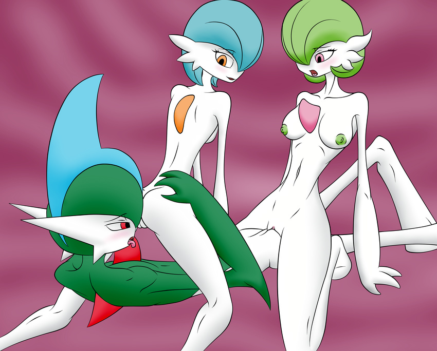 breasts female gallade gardevoir group group_sex humanoid male nintendo nude oral pok&eacute;mon pornomanguyman pussy reverse_spitroast sex shiny simple_background three video_games