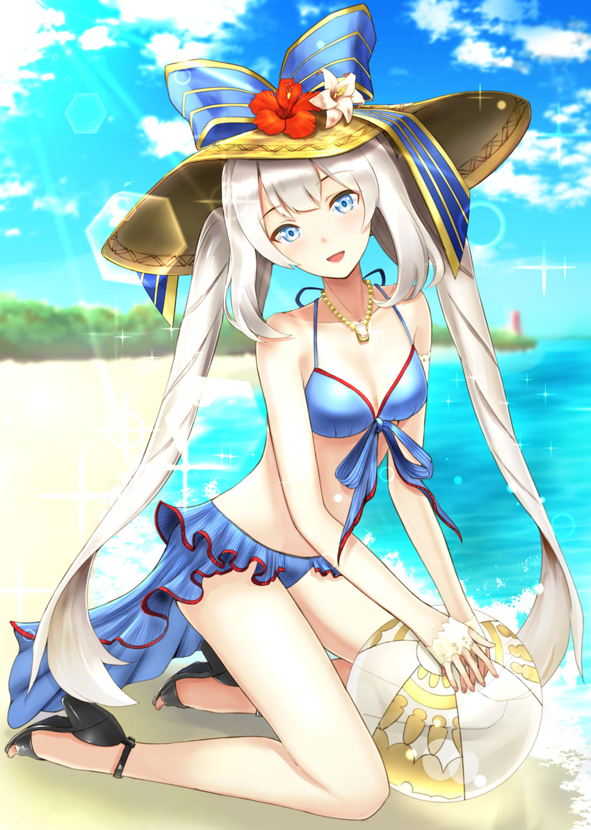 absurdres ball beach beachball blue_bow blue_eyes blue_ribbon blush bow day eyebrows_visible_through_hair fate/grand_order fate_(series) hat hat_bow high_heels highres holding holding_ball long_hair looking_at_viewer marie_antoinette_(fate/grand_order) marie_antoinette_(swimsuit_caster)_(fate) outdoors ribbon seiza silver_hair sitting smile solo telaform twintails water