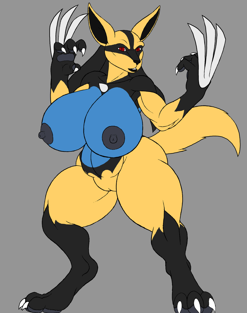 2017 absurd_res aliasing anthro big_breasts breasts canine claws female hi_res huge_breasts karnator_(artist) lucario mammal nintendo nipples pok&eacute;mon pose pussy shiny_pok&eacute;mon simple_background thick_thighs video_games voluptuous wide_hips